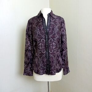 Ann Taylor 100% Silk Purple Gray Paisley Button Down Size 8 Blouse